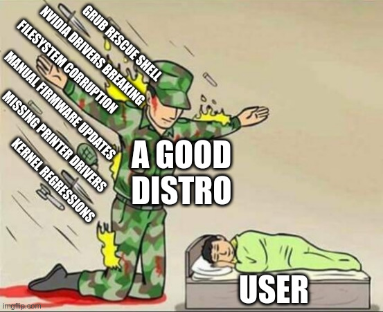 Meme. A soldier called "A good distro" is protecting a sleeping child called "user" with his body while knifes and snall rockets are smashing into his back. Those rockets are labeled with "Grub rescue shell", "Nvidia drivers breaking", "Filesystem corruption", "Manual firmware updates", "missing printer drivers" and "kernel regressions"