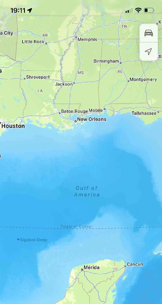 apple maps screenshot centered over the gulf of mexico displayed with &quot;gulf of america&quot;